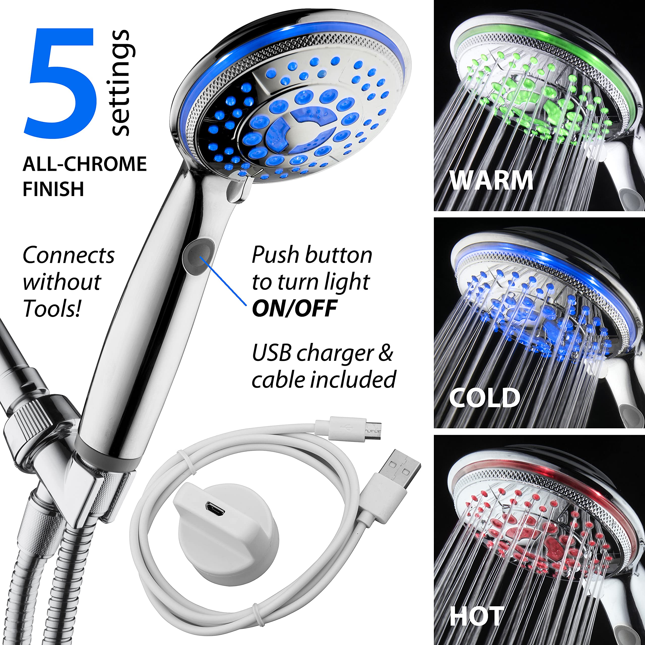 Hotel Spa 5-Mode Rechargeable LED Handheld Shower with Light Switch, Chrome Finish