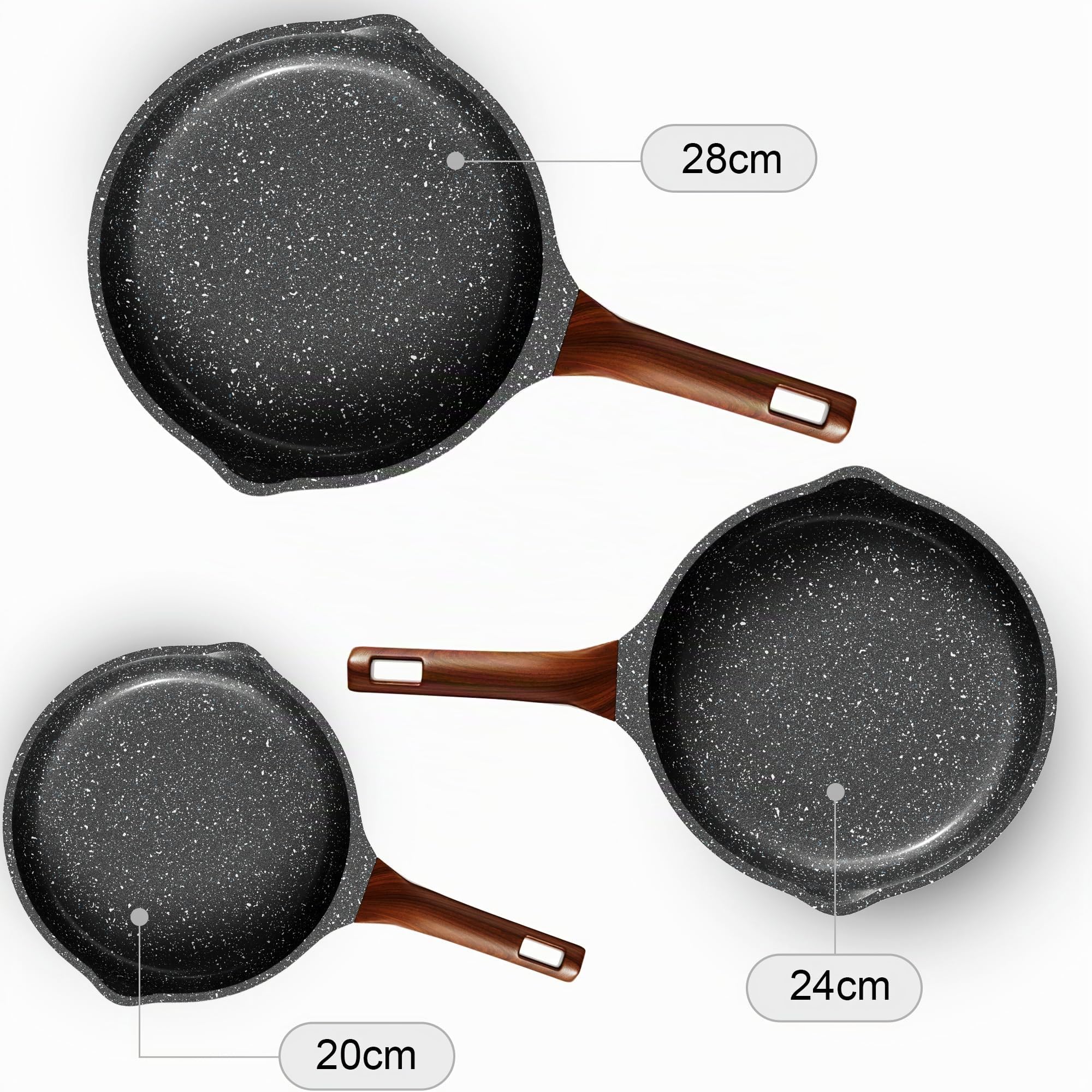 RIOVARM Induktion Bratpfannen Set Antihaft Pfannenset 20 cm 24 cm 28 cm Granit Omelett Pfanne ohne PFOA Marmor Kochgeschirr-Set mit hitzebeständigem Griff Geeignet für verschiedene Herdarten