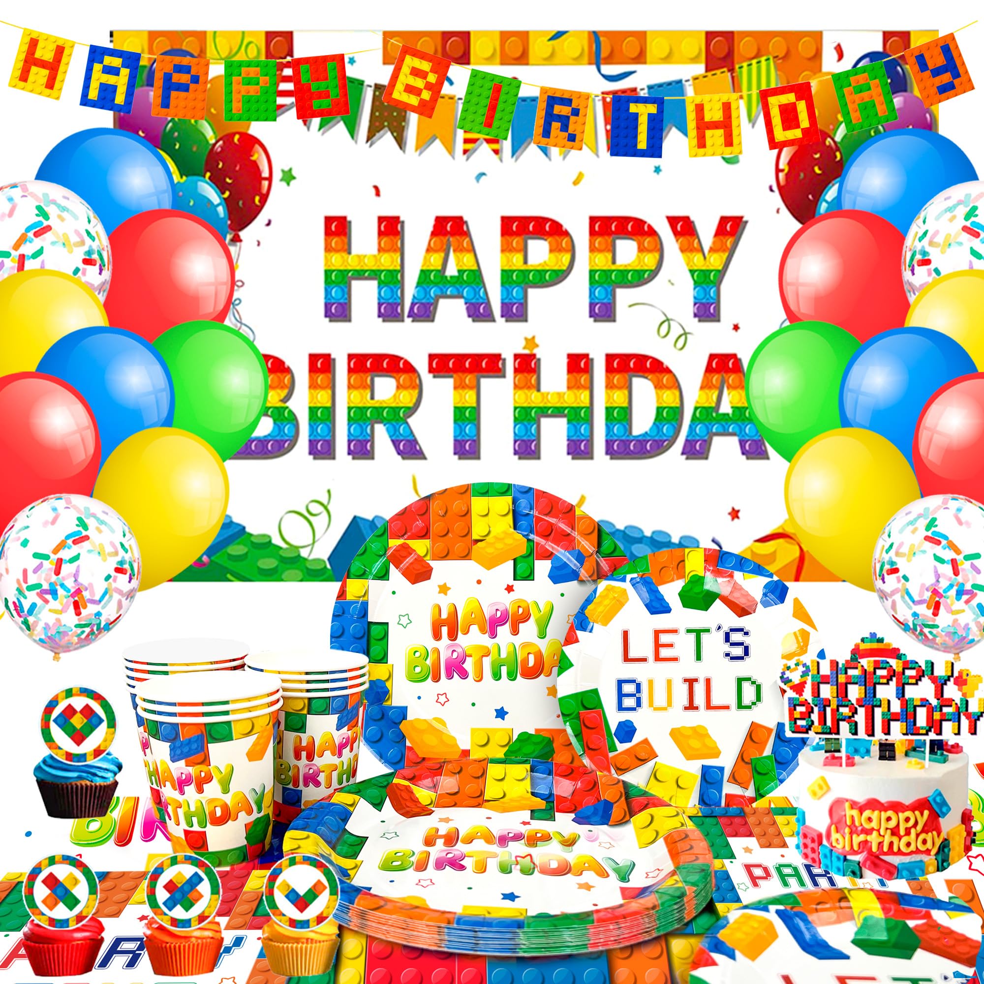 Building Block Birthday Supplies for 10 Guests, Building Blocks Party Decorations Tableware Set - Building Block Party Plates Tablecloth Banner Backdrop