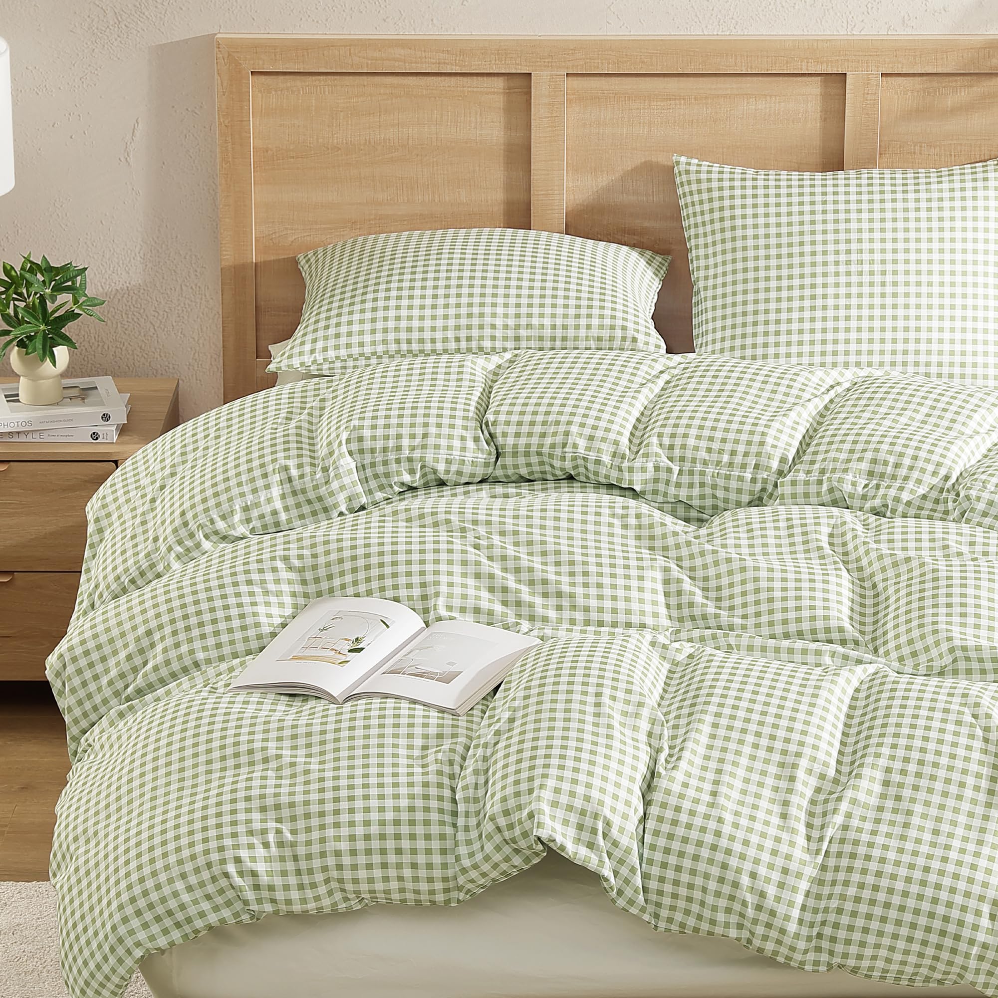 Andency Sage Gingham Duvet Cover Full, Green Checkered Plaid Bedding Set