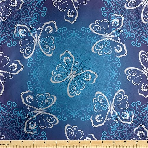 Ambesonne Butterfly Fabric by The Yard, Spring Animal Floral Blossoms Abstract Motif Dark Tones, Decorative Satin Fabric for Home Textiles and