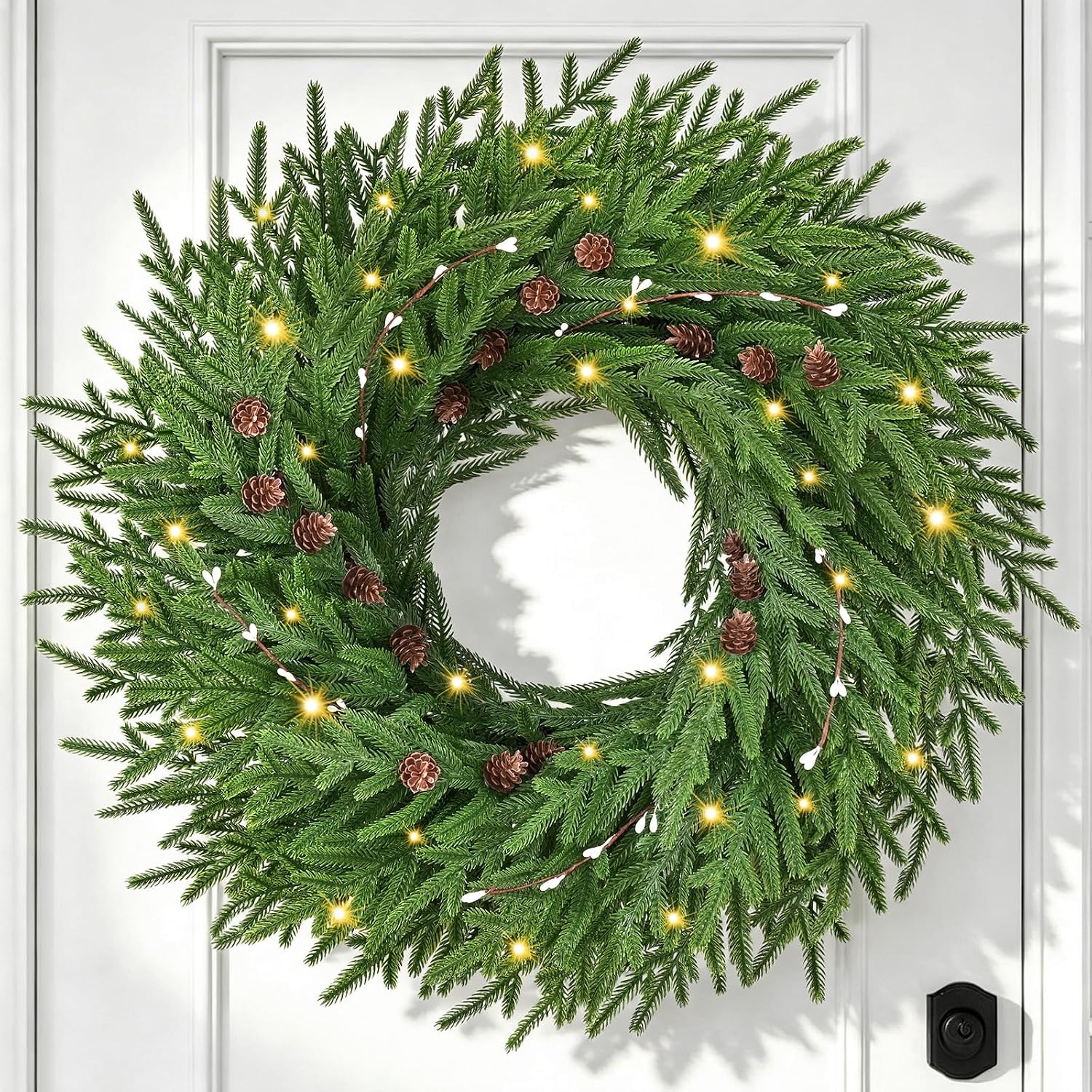 26'' Christmas Wreaths for Front Door, Artificial Green Wreaths with Lights