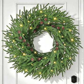 26 Christmas Wreaths for Front Door, Artificial Green Wreaths with Lights