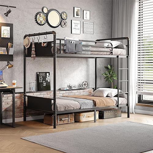 Vista 8 de Litera Doble sobre Doble, literas de metal resistente con escalera y barandilla de longitud completa, convertible en 2 camas individuales