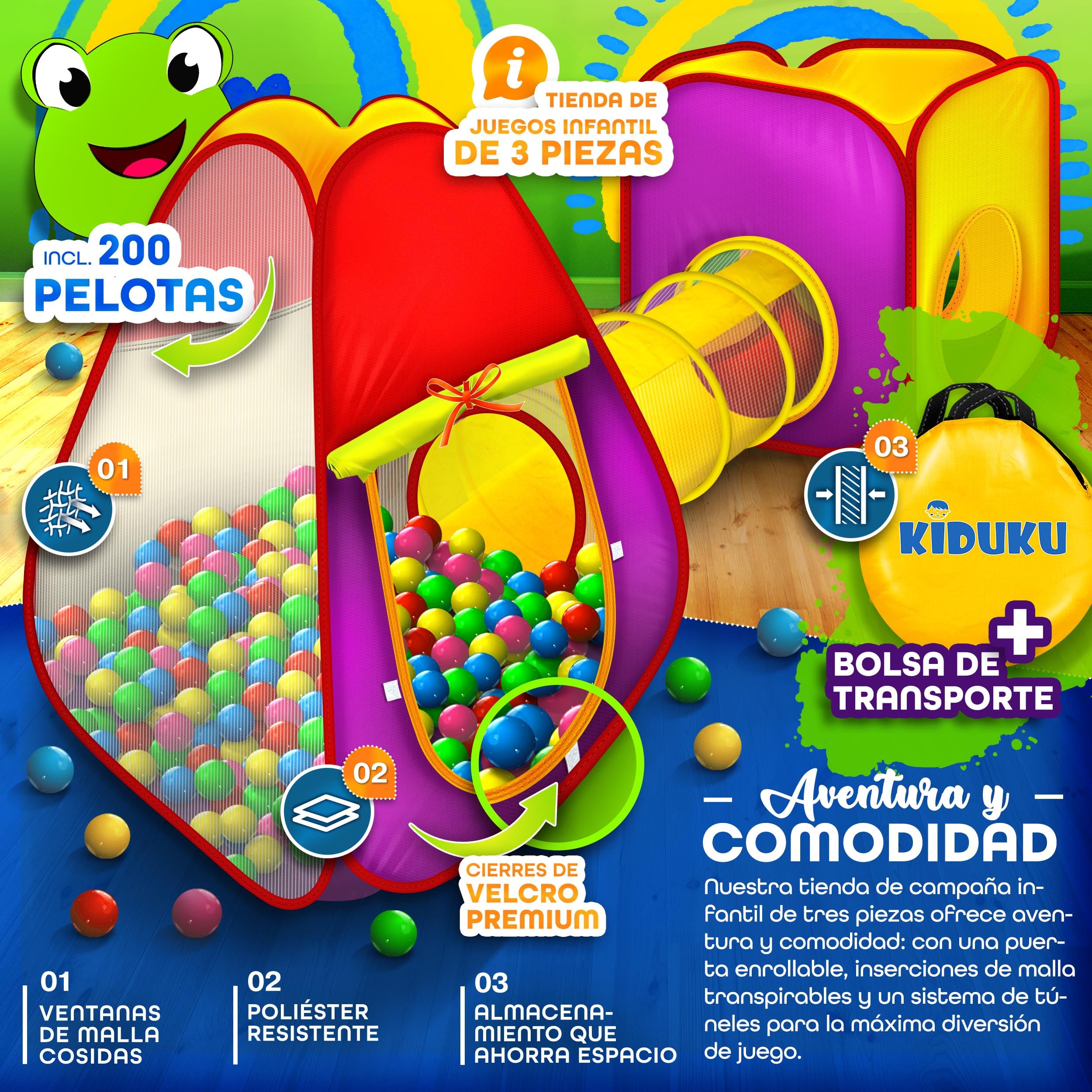KIDUKU® 3 en 1 Carpa de Juegos para niños/Tienda de campaña Pop up Infantil para Jugar + Túnel de Tela + 200 Bolas + Bolsa para Transportar – Uso Interior y Exterior