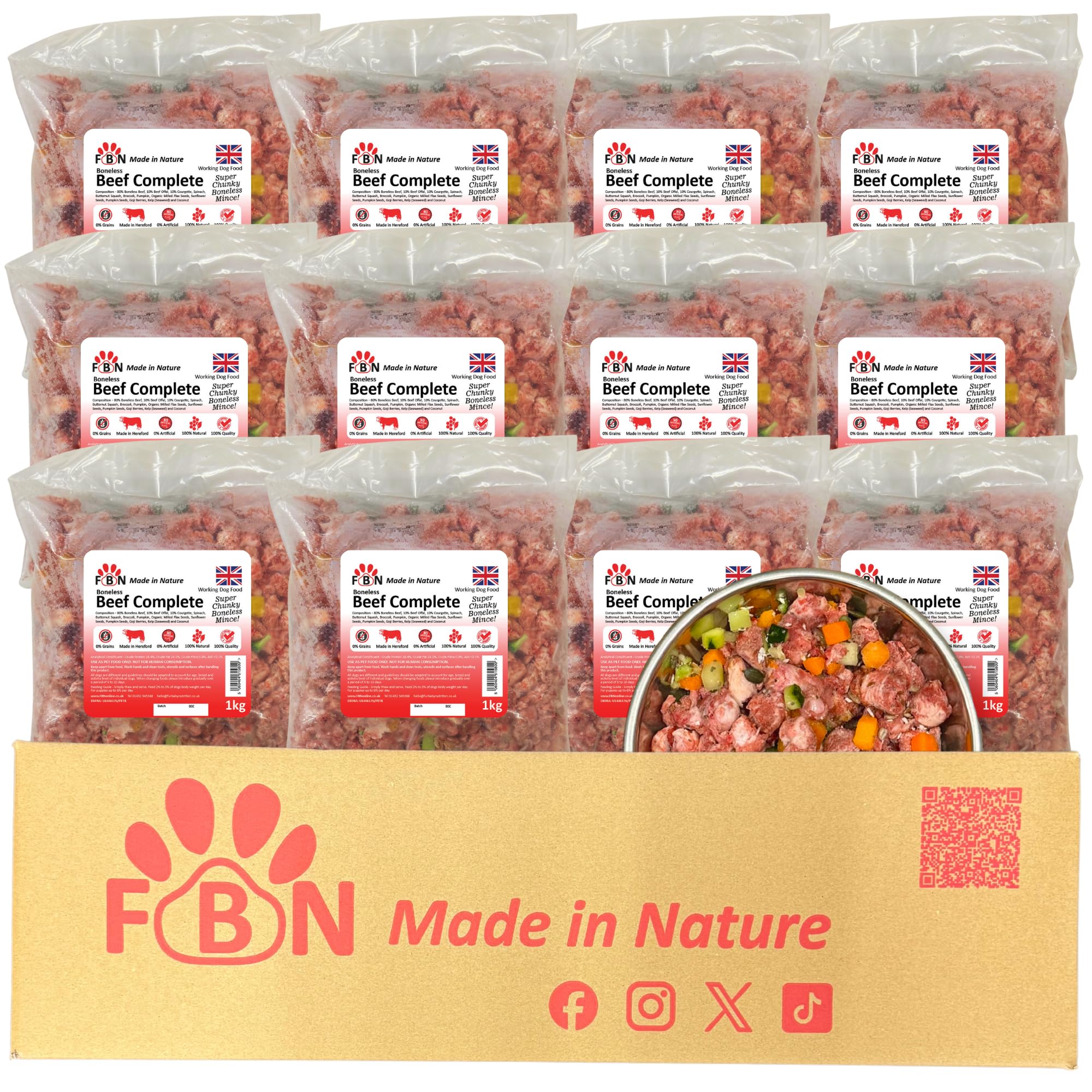 Raw Dog Food Beef Complete 12kg Box – BARF Premium British Meat Frozen Dog Food 1kg Bags High Meat Recipe – Complete Dog Food with Vegetables & Botanicals for Working Dogs