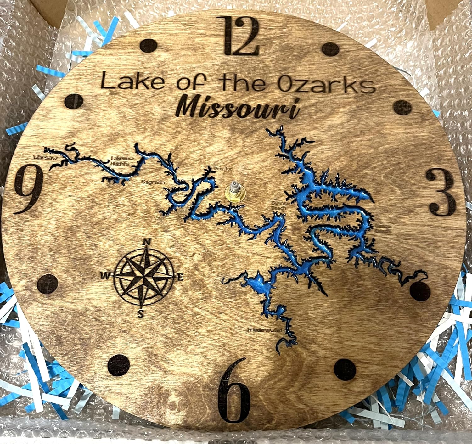 Customized Handmade Wall Clock, River or Lake Map of Your Choice, Glossy Resin Filled, 12 inch Diameter Wall Mounted