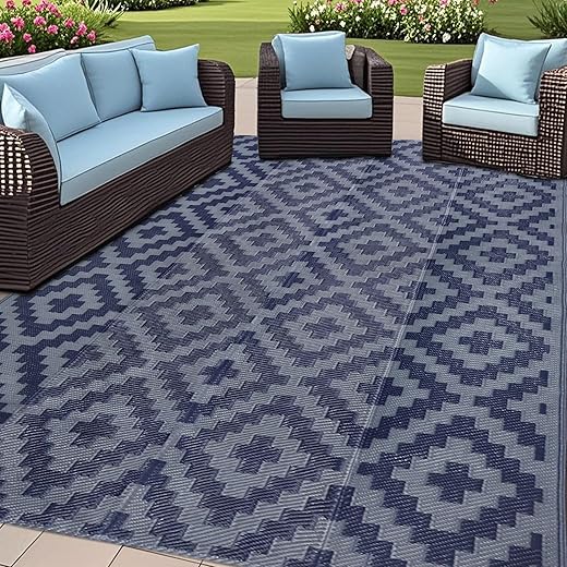 SAND MINE Reversible Mats, Plastic Straw Rug, Modern Area Rug, Large Floor Mat and Rug for Outdoors, RV, Patio, Backyard, Deck, Picnic, Beach, Trailer, Camping (5' x 8', Blue Grey Lattice)