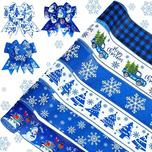 Whaline 6 rollos de cinta de Navidad con alambre de copo de nieve azul y blanco, camión de árbol de Navidad, muñeco de nieve de invierno, cinta