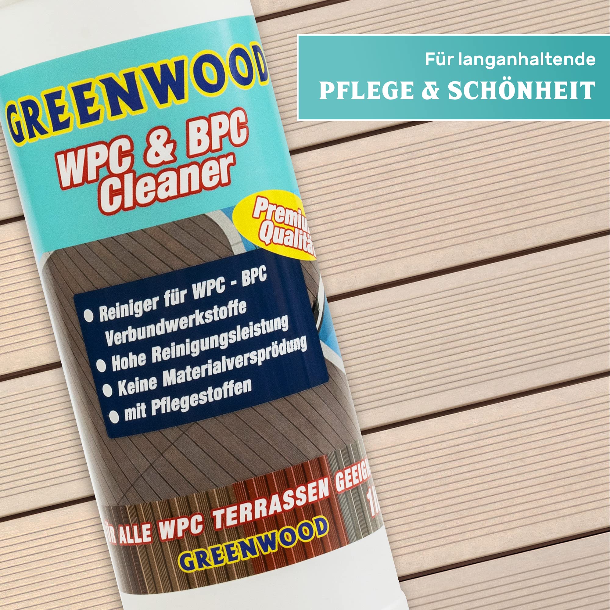 Limpiador de Greewood, para WPC, 1 l, ingredientes acondicionadores, super concentrado.Limpiador para WPC, con pH neutro.