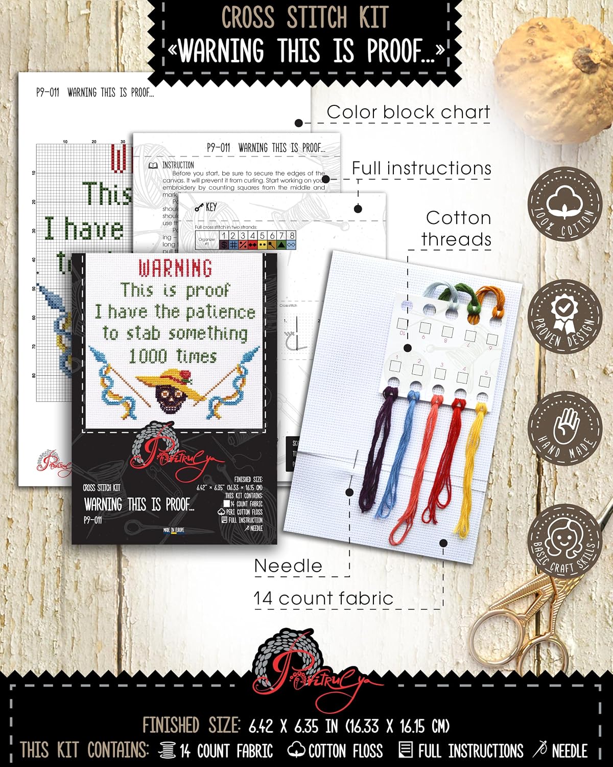 Povitrulya Warning: This is Proof Counted Cross Stitch Bookmark Kit - DIY Subversive Dark Humor Embroidery Set for Adults with Sarcastic Quote, 16 Count Aida Cloth and Pre-Sorted Floss