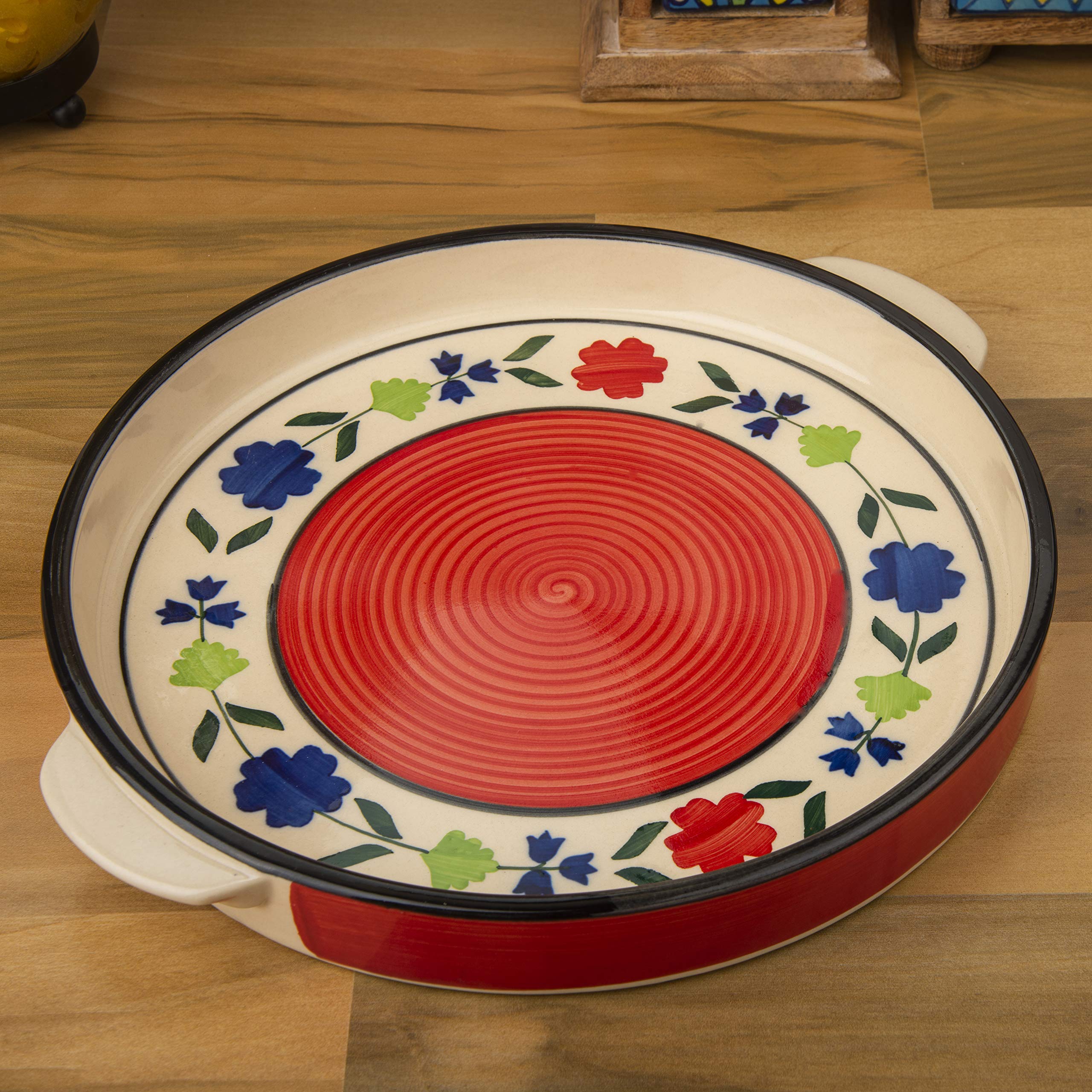 HS HINDUSTANI SAUDAGAR Hand Painted Multi Coloured Ceramic Serving Tray/Sizzler Tray Microwave Safe9.5 inch (Set of 1)