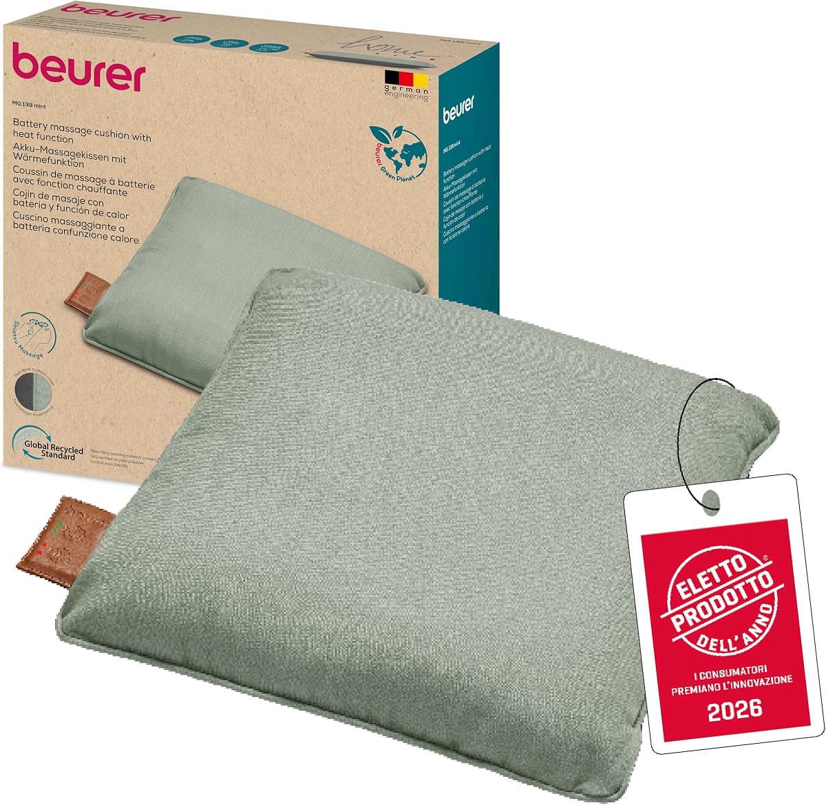 Cuscino massaggiante Beurer MG 139 a batteria con funzione calore attivabile, massaggio Shiatsu, realizzato in materiale riciclato, lavabile in lavatrice, spegnimento automatico, 40x40 cm, verde menta
