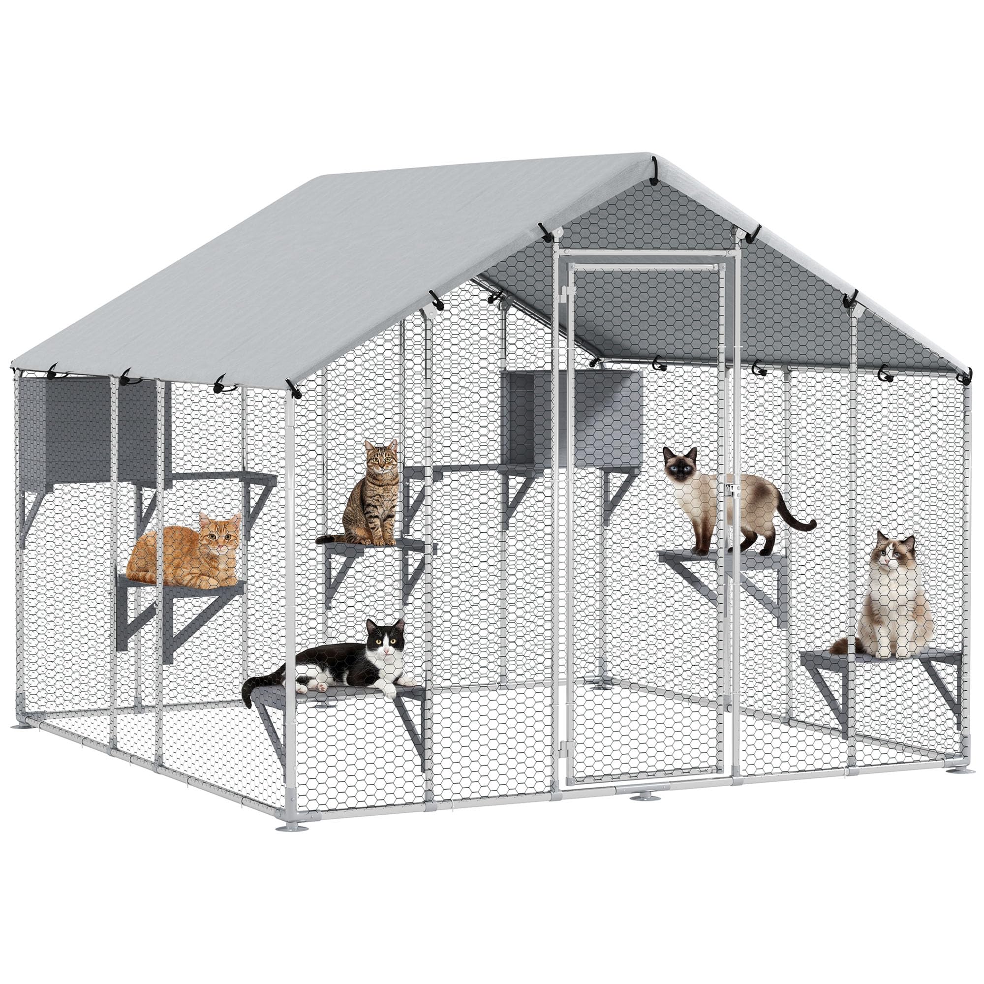 PawHut Jaula Grande para Gatos Exterior, Recinto para Gatos con 2 Casitas, 7 Plataformas para Saltar, Cubierta Impermeable y Anti-UV, Parque para 5 Gatitos, Conejos, 240x193x195 cm, Plata