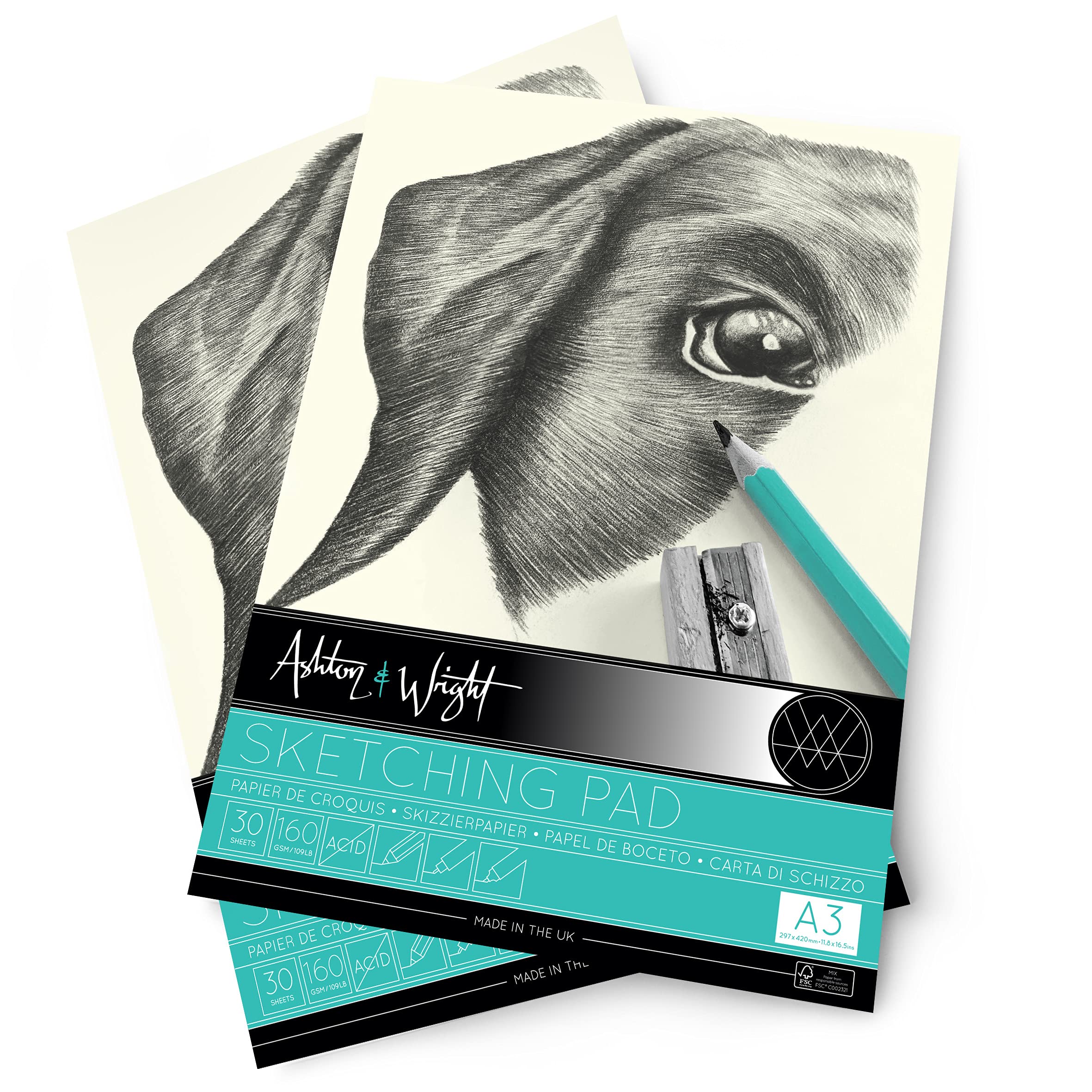 Ashton And Wright Ivory,White - A3 Classic Ivory Sketching Pad - 160Gsm Paper - 30 Sheets - Pack Of 2
