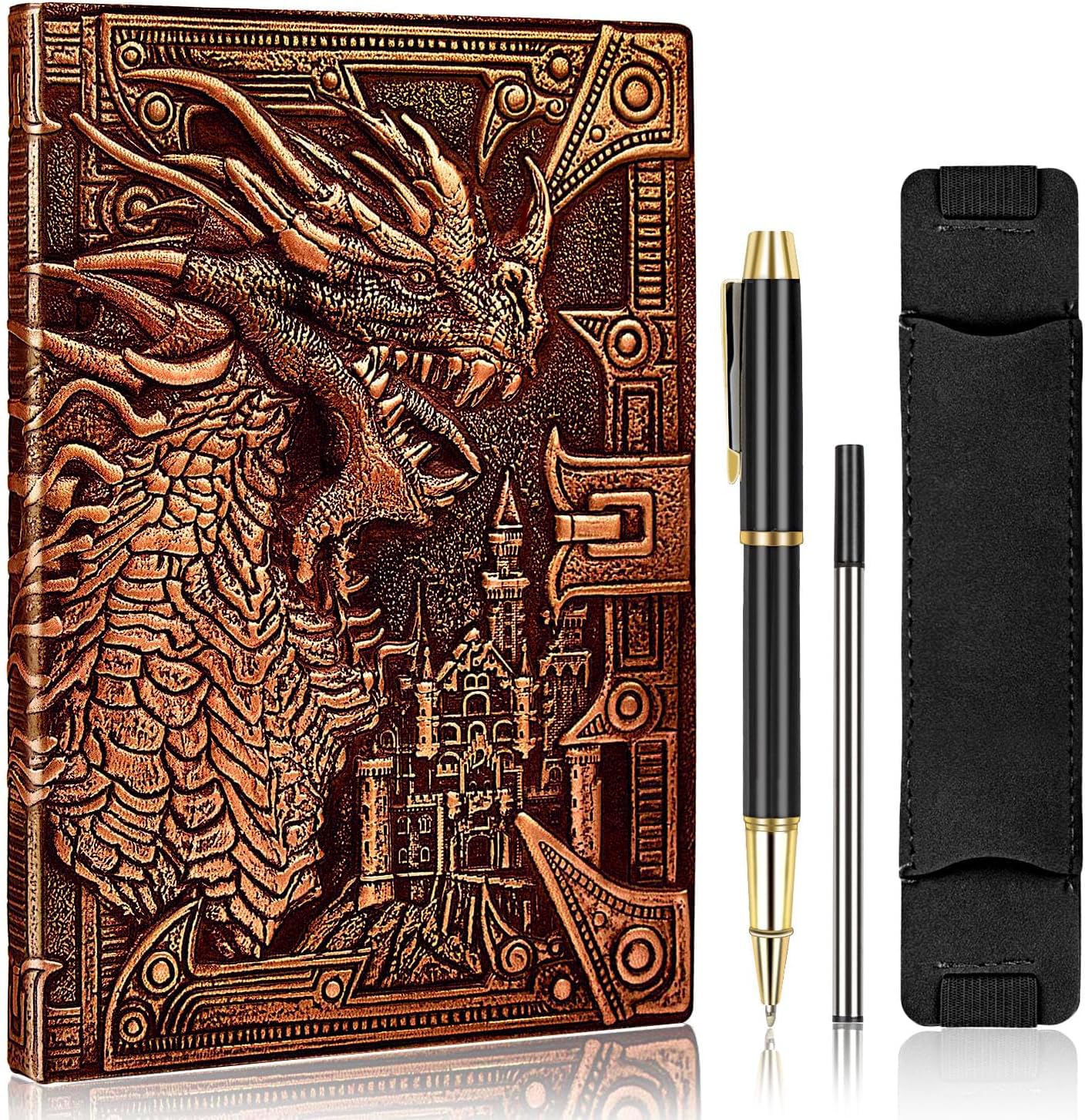 LongLongJin DND Dungeon and Dragon Notebook 3D Embossed Leather Dragon Journal with Black Ballpoint Pen &Pen Sleeve,A5 Vintage Travel Diary D&D