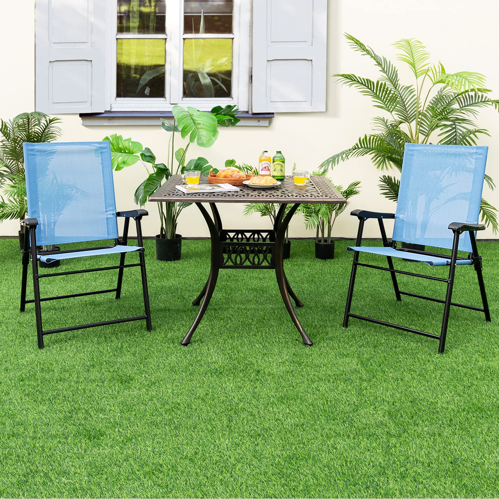KOMFOTTEU Set di 2 sedie pieghevoli da balcone, portatili, da giardino con schienale, per terrazze, resistenti alle intemperie, pieghevoli, per giardino, balcone, terrazza (blu)
