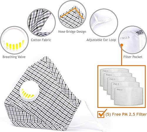 Miniatura 8 de Mascarilla facial reutilizable lavable de algodón de alta calidad con válvula de respiración y bolsillo para filtro (incluye 5 filtros gratis por