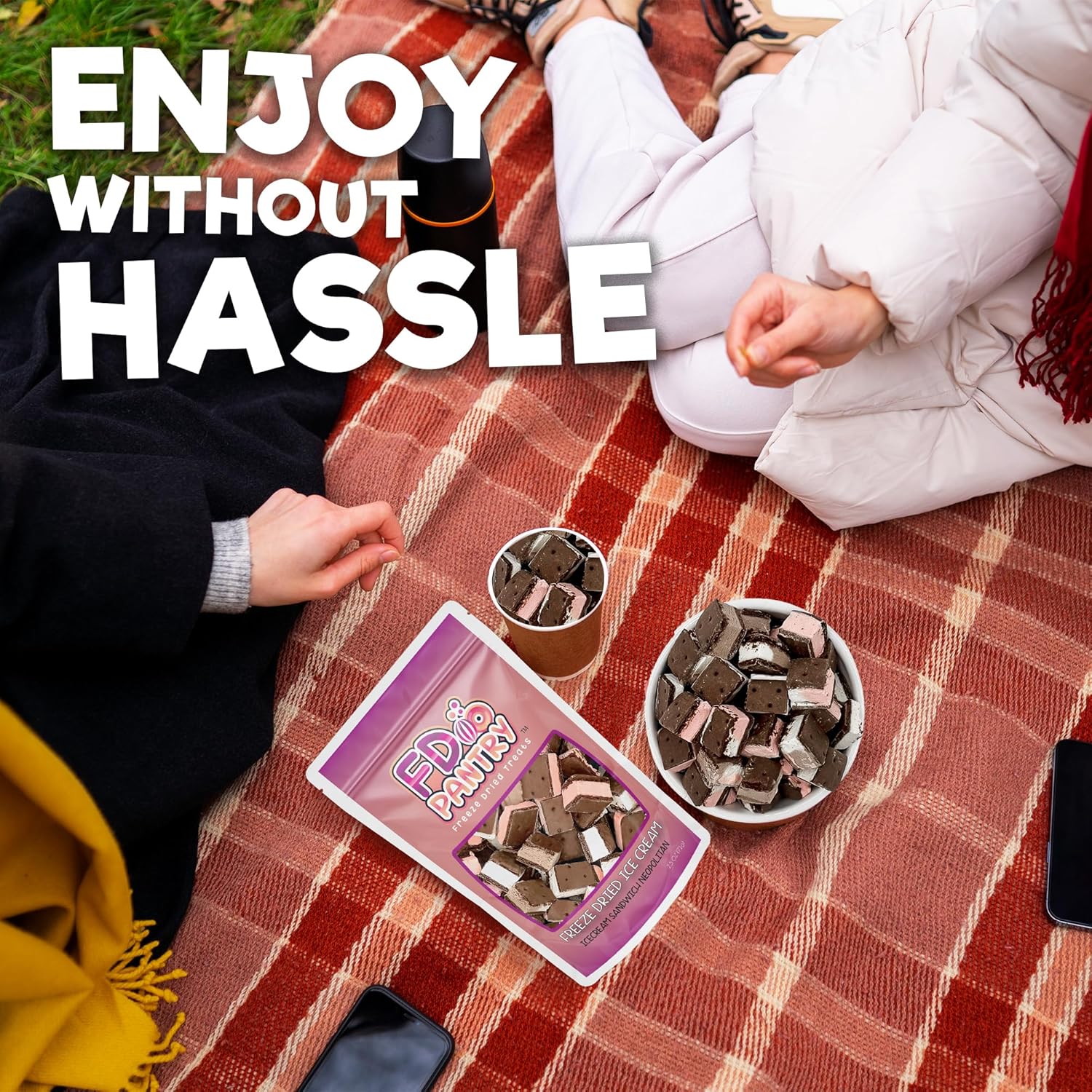 Freeze Dried Ice Cream Sandwich Bites, Neapolitan, Crunchy & Sweet Snack, 2.5 oz, Dehydrated, Resealable Gift Bag, Strawberry, Vanilla, Chocolate - 3 Pack