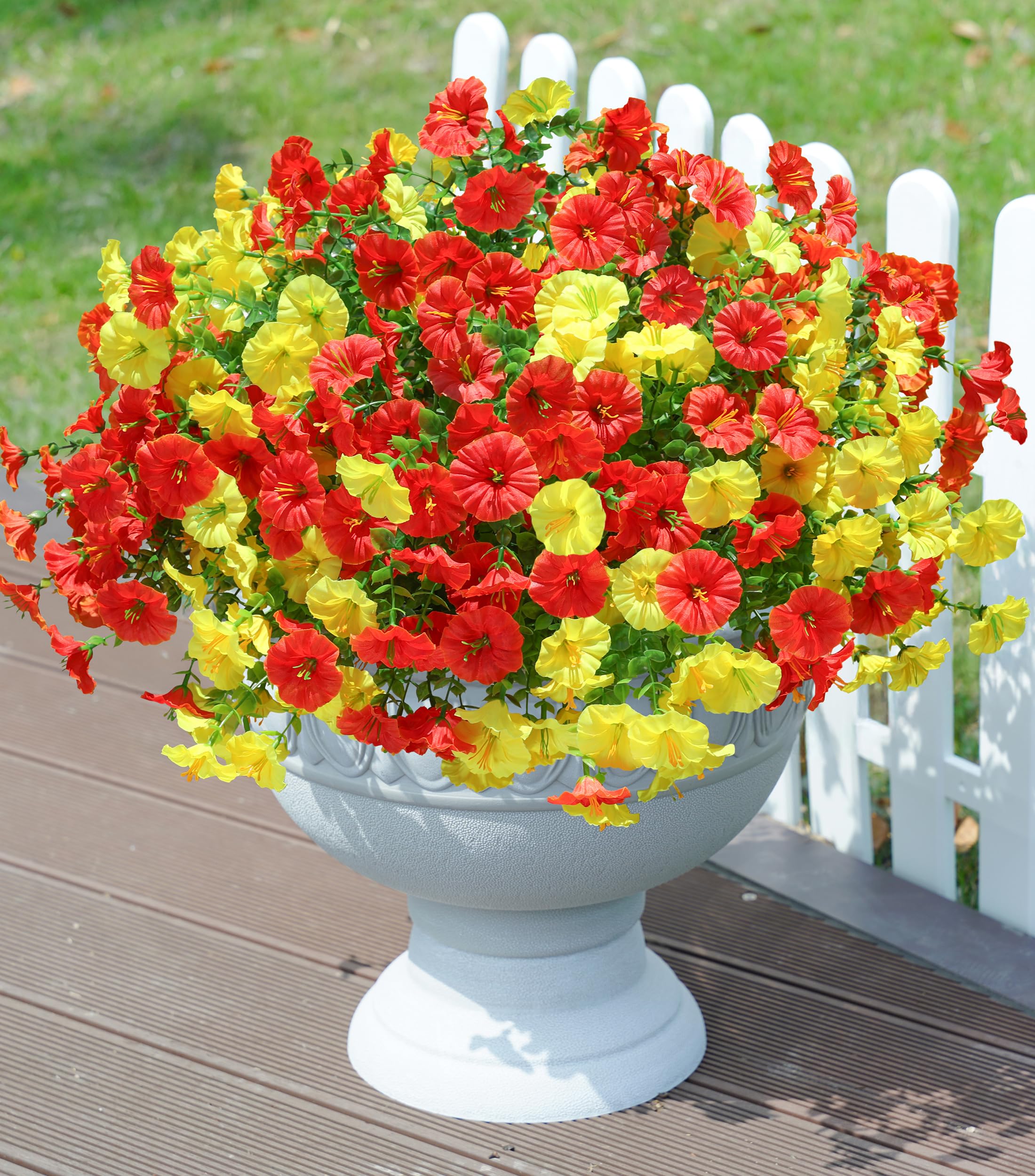 Artificial Outdoor Flowers Fake Plants for Fall Autumn Decoration, 12 Bundles Silk Morning Glory Eucalyptus UV Resistant Realistic Faux Flowers for Outside Planter Porch Yard Patio Balcony Garden, Mix
