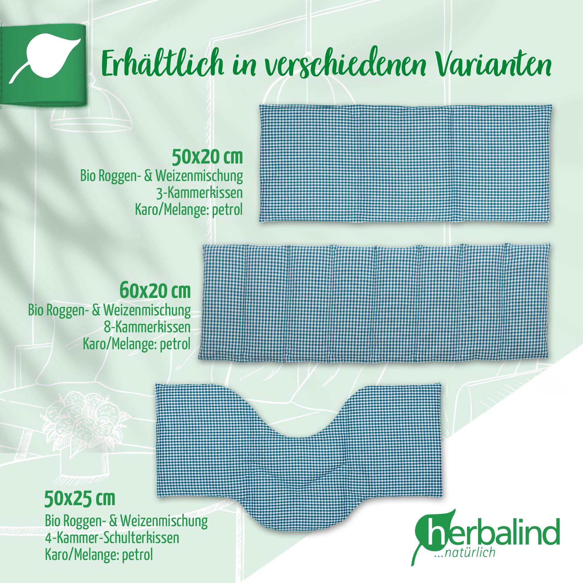 HERBALIND 8-Kammer Wärmekissen Körnerkissen Schulter Nacken 60x20 cm in Karo/petrol - 100% Baumwolle - Getreidekissen mit Bio Roggen- und Weizen Füllung für Mikrowelle - Geschenk für Männer