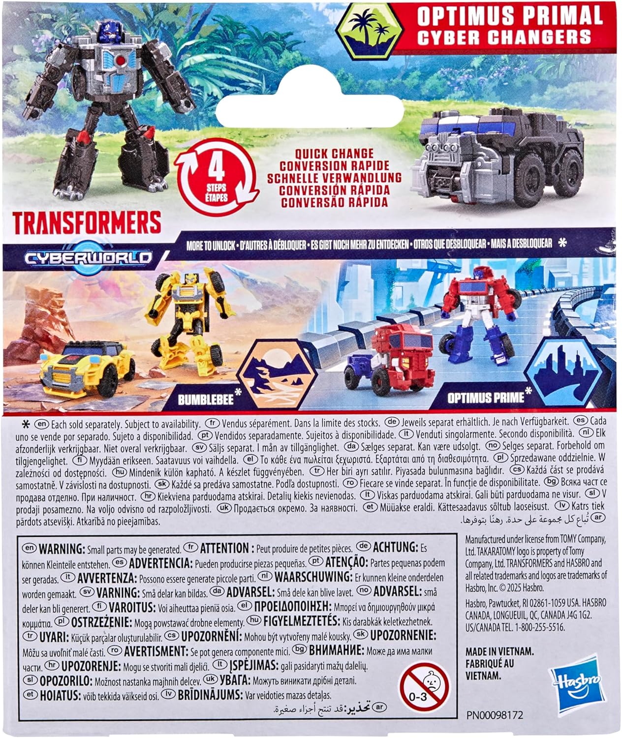 Transformers CYBERWORLD Optimus Primal Cyber Changers 4-Inch Action Figure, Quick Change to Truck Mode, Robot Toys for Boys and Girls 6 and Up