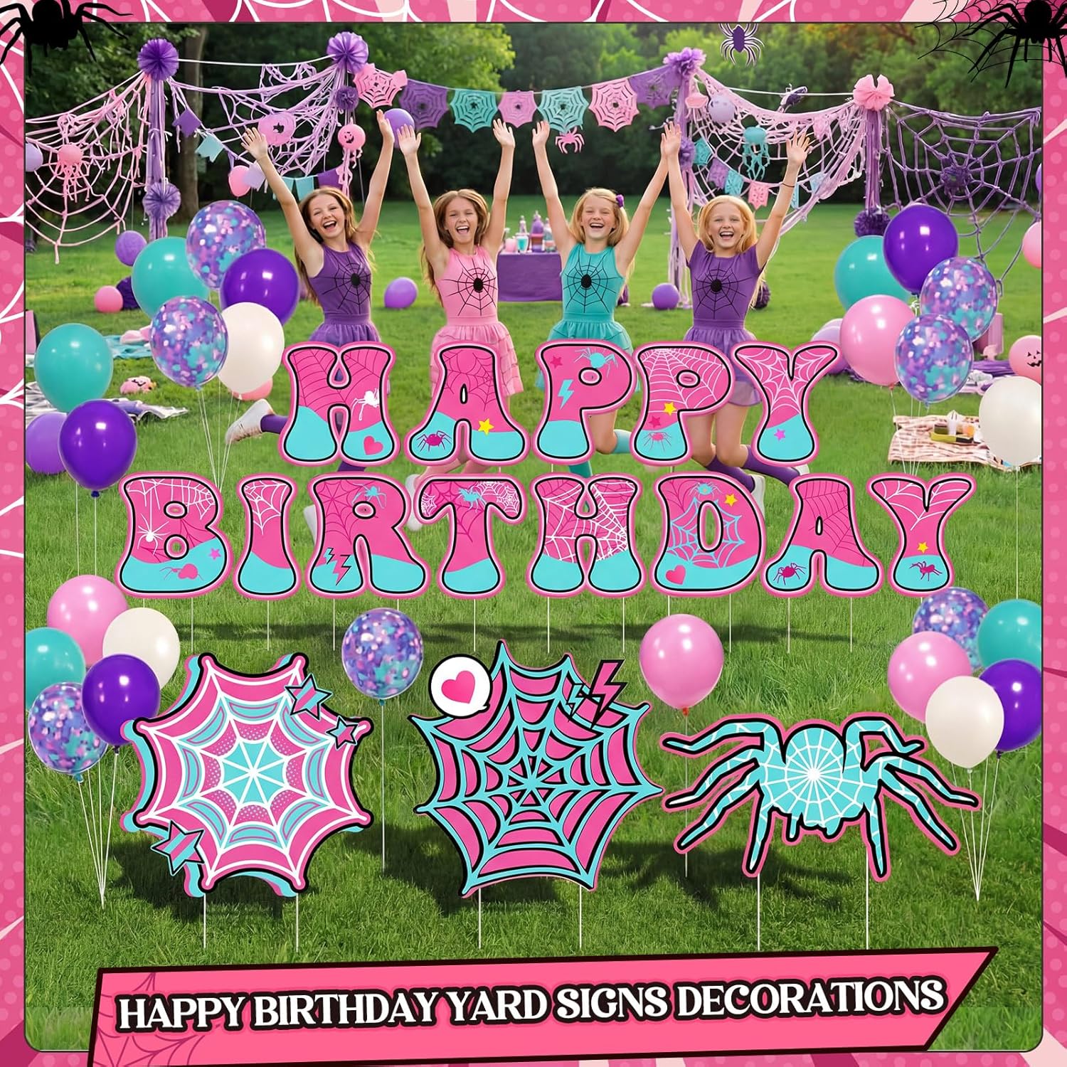 Soulchen 78 Pcs Spider Happy Birthday Party Decorations 13'' Spider Yard Signs with 60 Latex Balloons Decor Happy Birthday Letter Lawn Signs with Stakes for Outdoor Yard Lawn