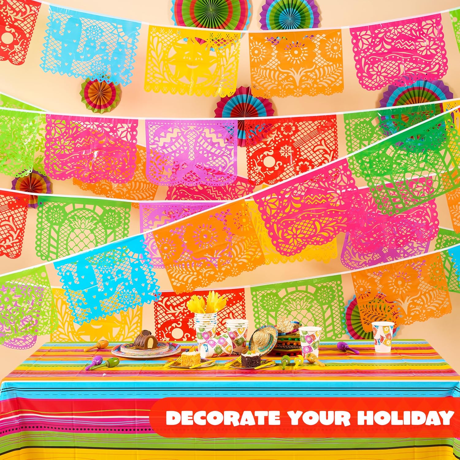 JOYIN Mexican 108 Feet Party Banners, 6 pcs Plastic Fiesta Papel Picado with 8 Multicolor Plastic Flags per Banner Cinco de Mayo Decor Day of The Dead Decorations, Fiesta Garland for Mexican Party Supplies