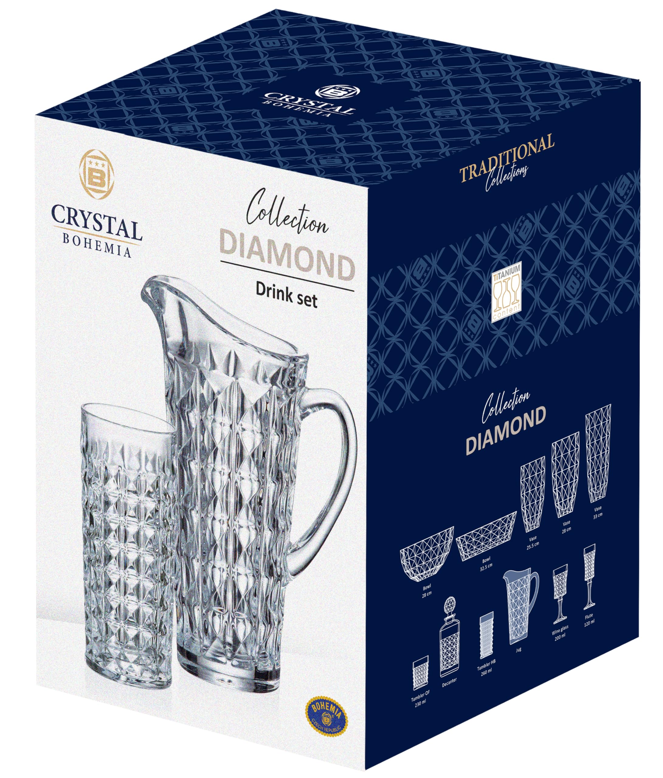 Crystal BOHEMIA Gläser-Set mit Wasserkaraffe – 1 L Glaskrug & 6 Trinkgläser je 260 ml, spülmaschinenfest, kratzfest & elegant – Kristallglas Set für Wasser, Longdrinks & Softdrinks