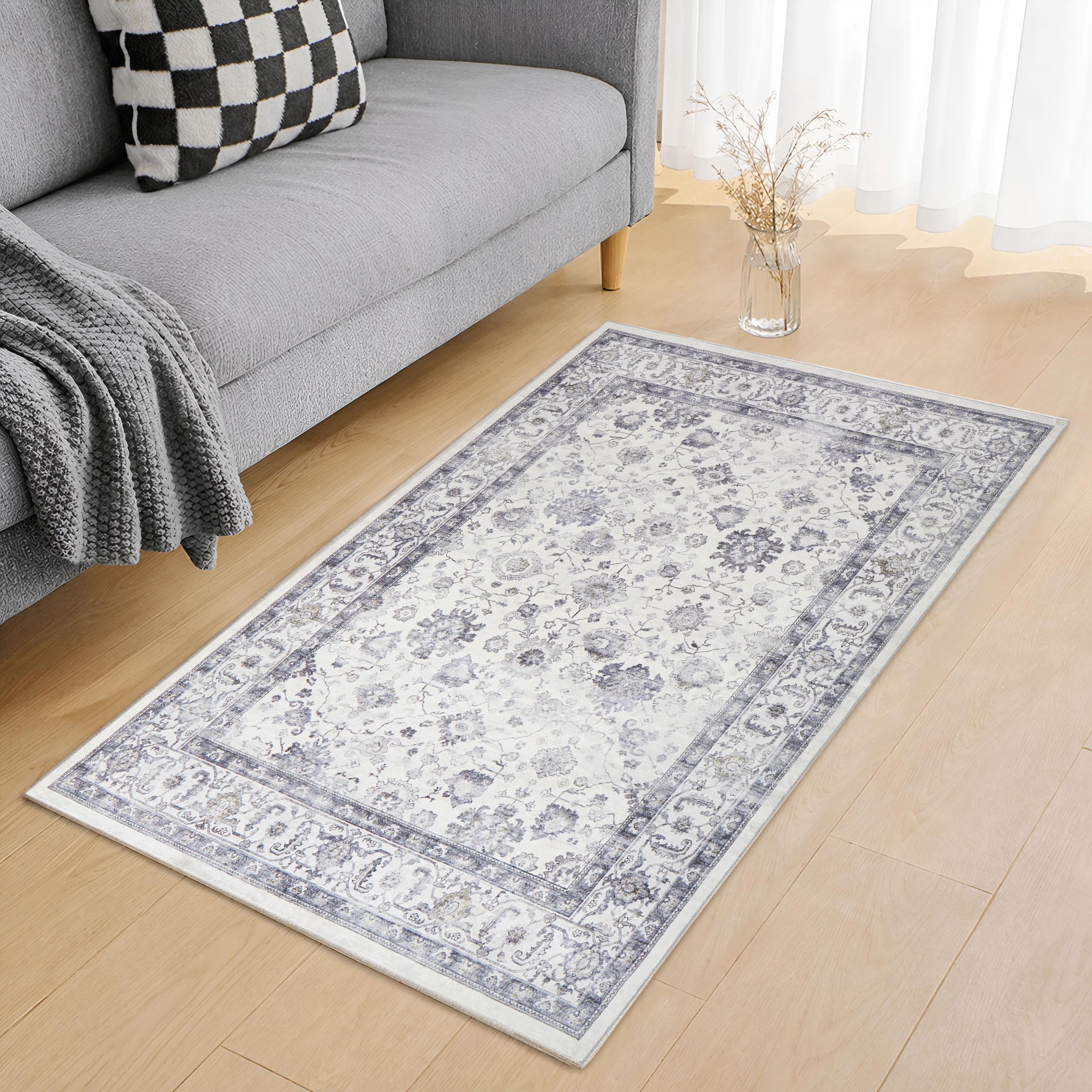 Hafaa Washable Rugs Living Room Small 60x110 cm – Soft Short Pile Grey Area Rugs For Bedroom, Kitchen Carpet Non Slip Bedside Rug Traditional Design Vintage Boho Cashmere Rug, Serene — image 1