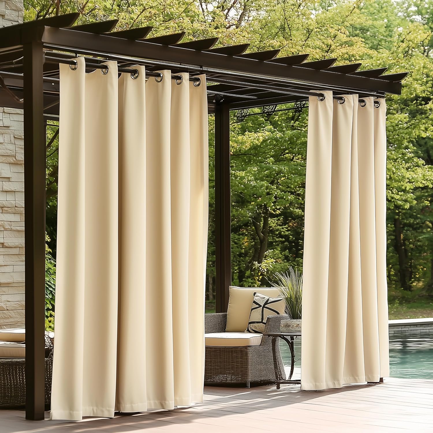 ColourTree Outdoor Curtains 300 GSM for Patio, Waterproof Outside Curtains Premium Weatherproof Privacy Curtains for Porch Pergola Deck Backyard, 54W x 84L inch, Beige, 2 Panels