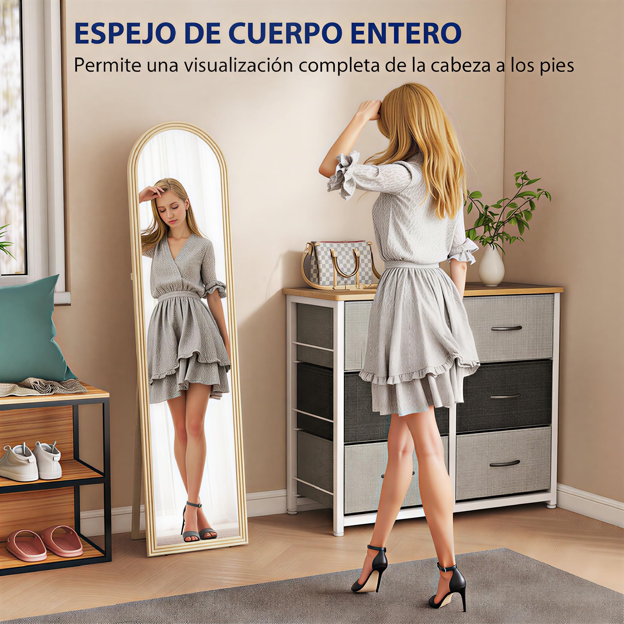 HOMCOM Espejo de Pie Cuerpo Entero 160x40 cm con Marco Efecto Piedra, Espejo de Pared Rectangular para Colgar o Apoyar, 2 Modos de Uso, para Dormitorio, Salón y Entrada, Beige