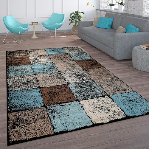 Paco Home Tapis Salon Vintage Poils Ras Marocain Diamant Turquoise
