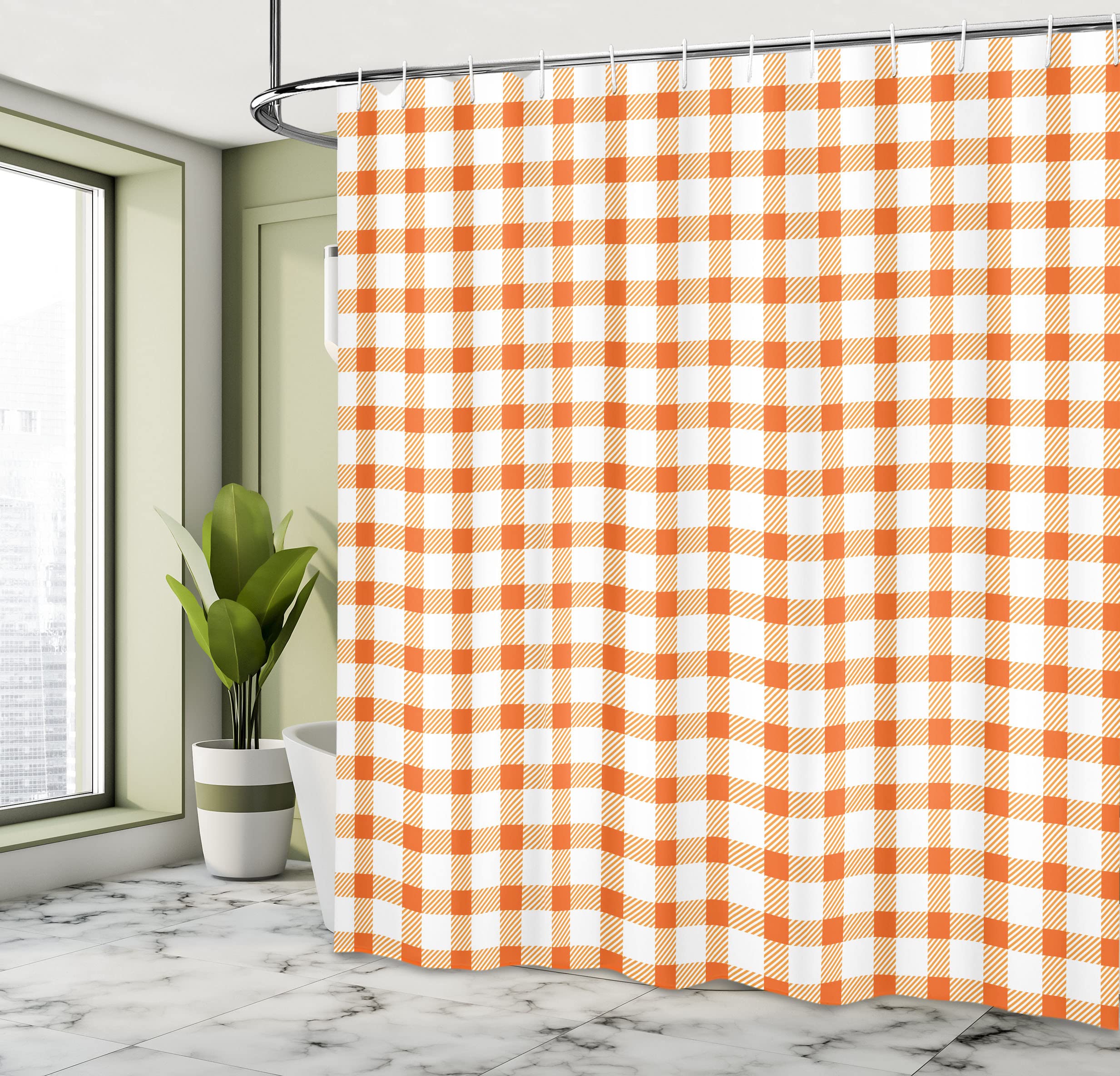 ABAKUHAUS Orange and White Shower Curtain, Retro Gingham Style Checkered Squares Pattern in Warm Colors Plaid - Image 4