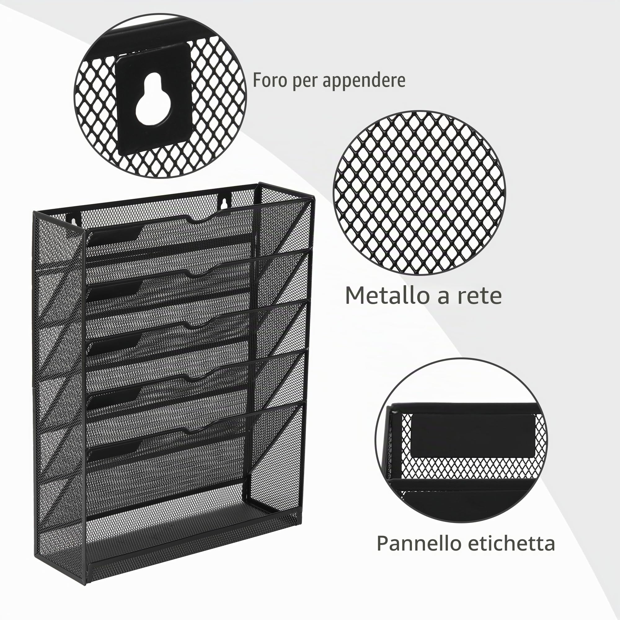 6 Compartimenti Portadocumenti Muro per Ottimizzare lo Spazio, Archivio Riviste da Parete per Classificare Giornali, Porta Cartelle da Parete per Sistemare in Ufficio e Casa, Nero