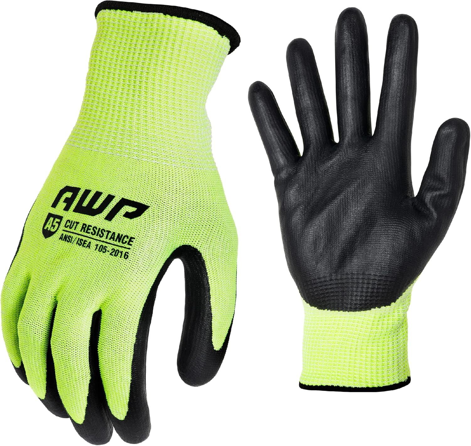 AWP High Visibility ANSI A5 Cut Resistant Coated Work Gloves for Men and Women, Large