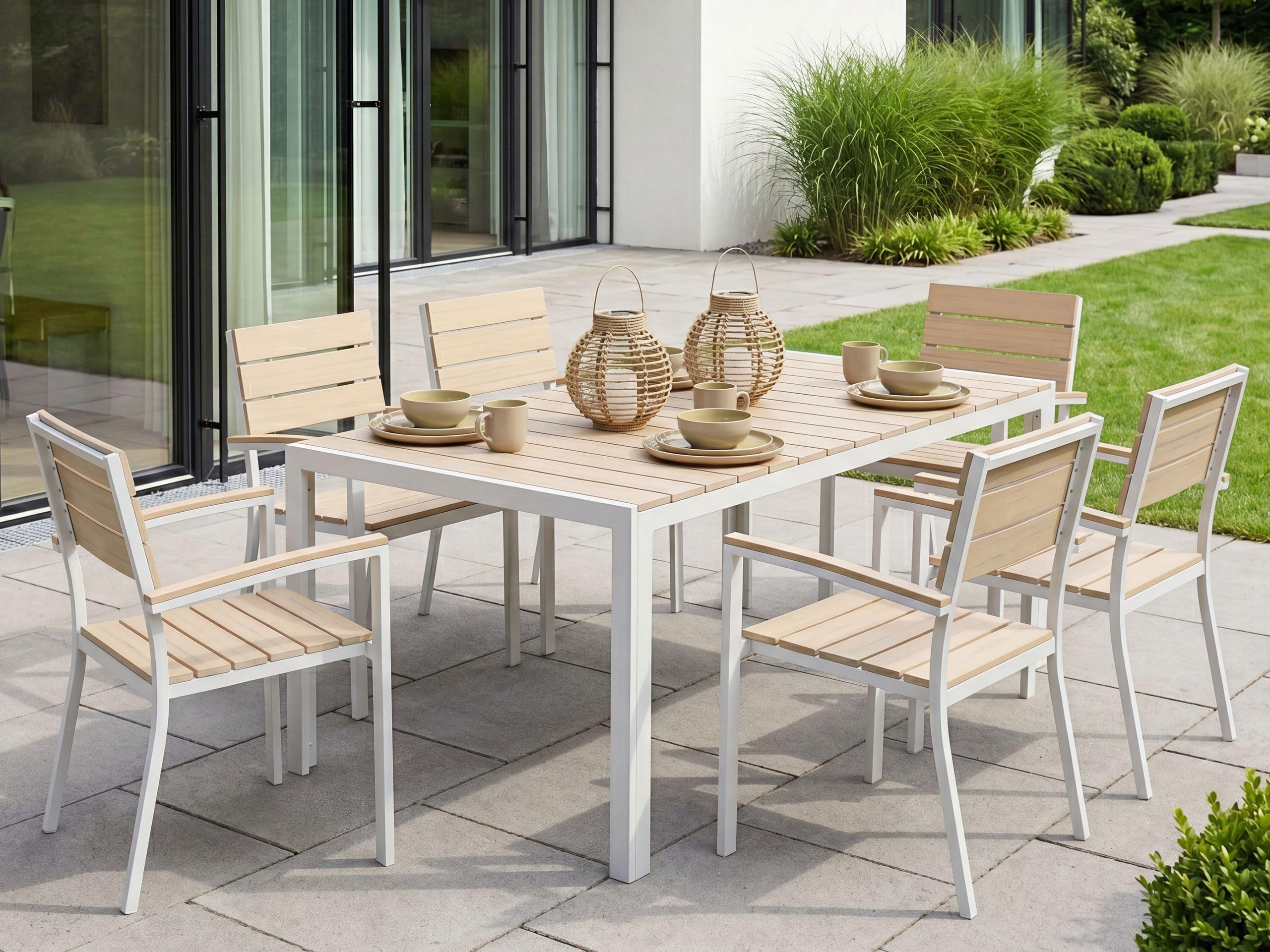 Tavolo da Giardino in Alluminio Beige e Bianco a 6 Posti Stile Moderno