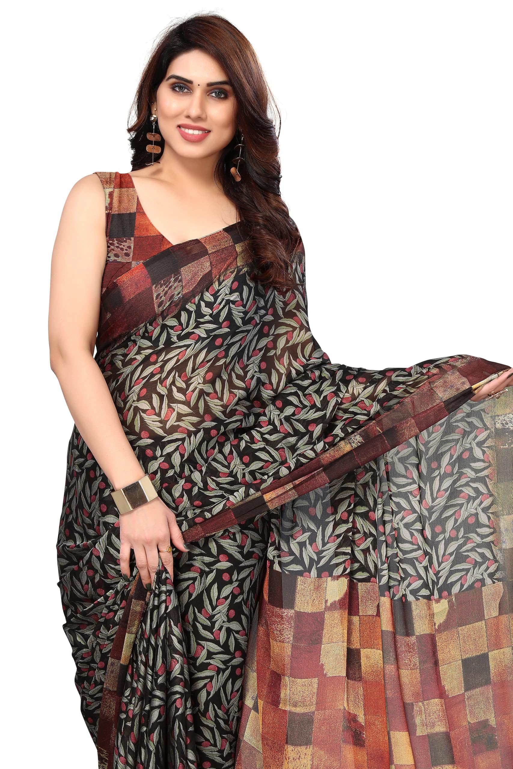 Women's Stylish Chiffon Leaf and Checked Print Saree with Blouse Piece