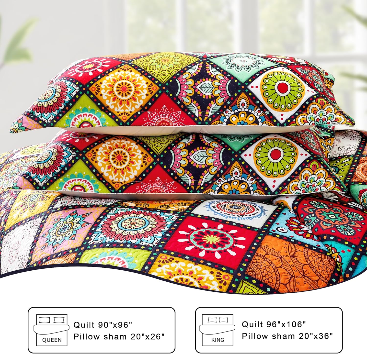 3 Piece Boho Colorful Quilt Set King Size Bohemian Reversible Bedding Set Microfiber Lightweight Bedspread Coverlet with 2 Sham Patchwork Mandala Print Bed Covers for All Season, 106''x96'' - Image 7
