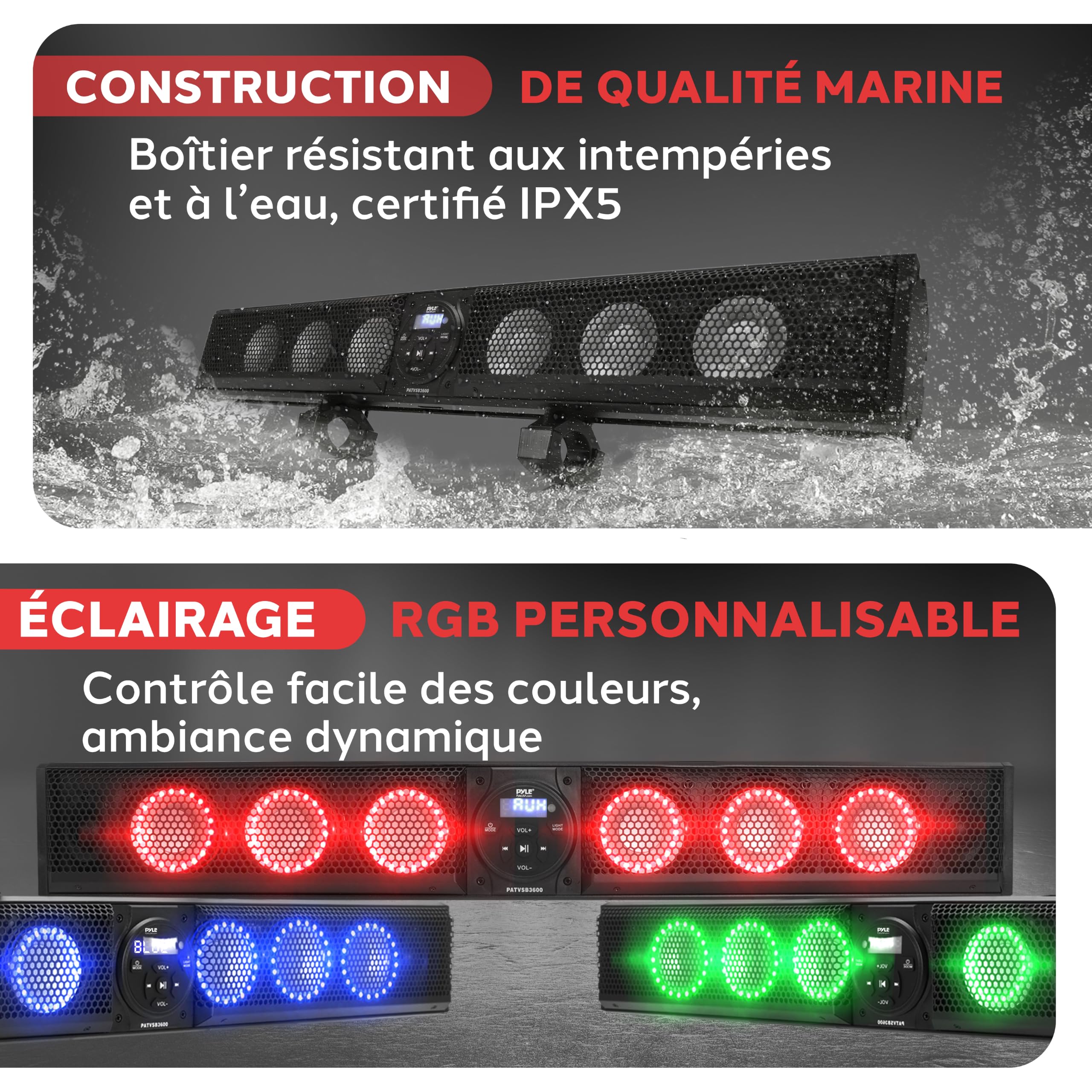 Pyle Barre de Son Marine de 91,4 cm pour VTT/UTV avec Bluetooth, 270 W, amplificateur intégré, woofer 6 x 4, hauteurs 2 x 1, télécommande, entrée USB/AUX, Support de Guidon