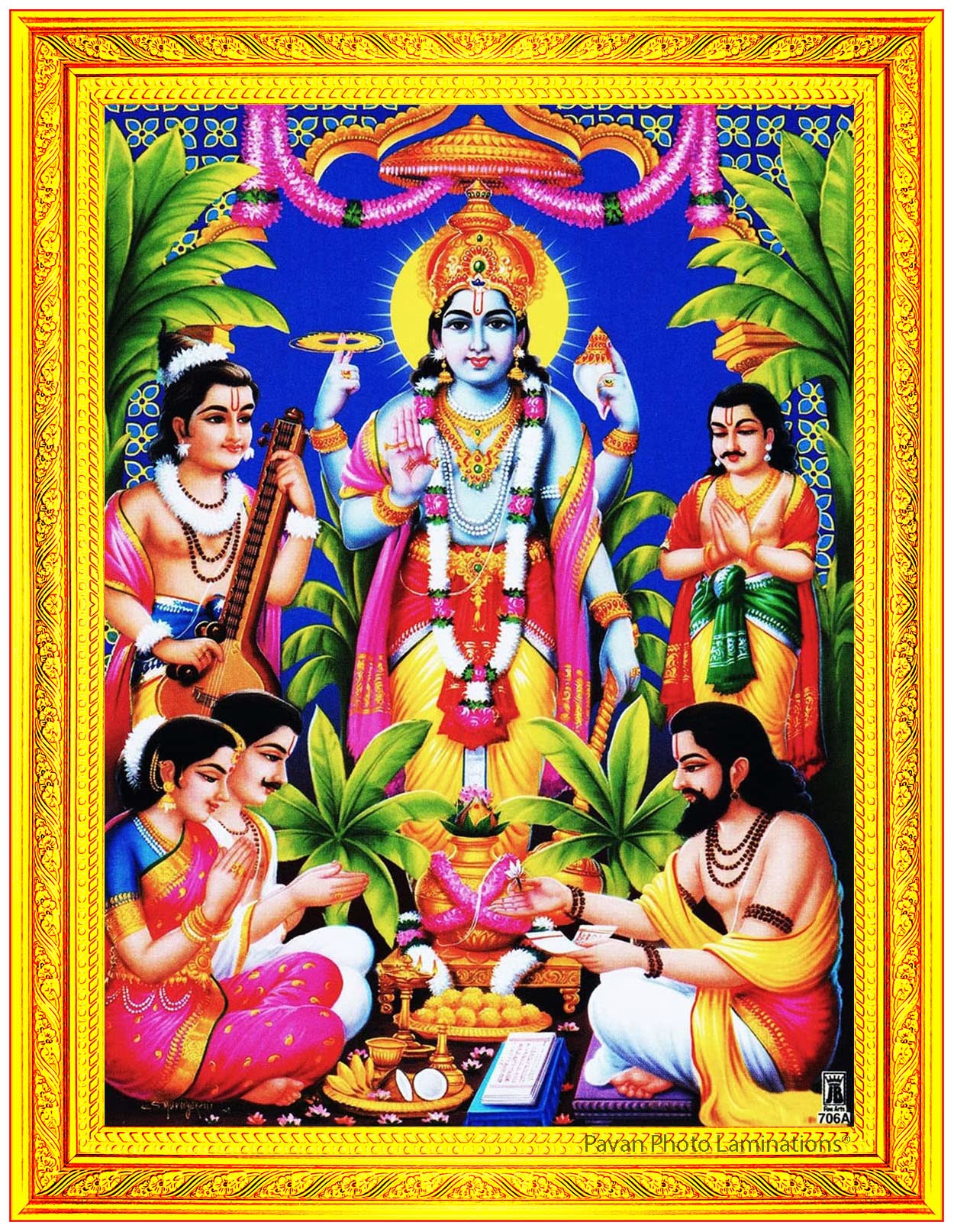 Pavan Photo LaminationsLord Satyanarayana Swamy Bhagwan Satyanarayan Wall Painting Framed Home Decor (Wood,Matte,Gold,Small Size,6 x 8 Inch) R618S
