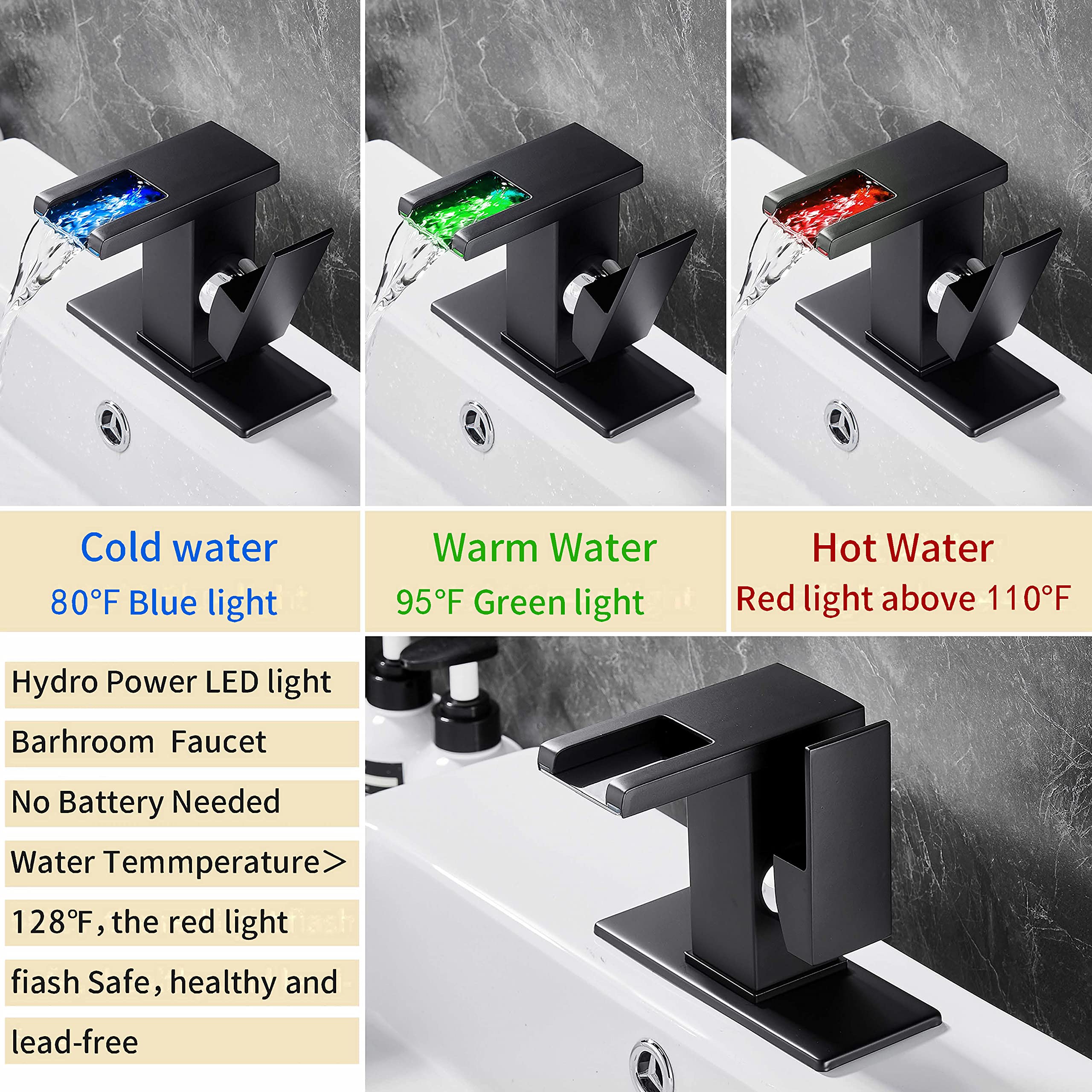 Grifo De Baño Negro Con Luz LED, Mango único, Un Agujero, Diseño De Cascada Para Fregadero Y Tocador, Uso Comercial Y Residencial