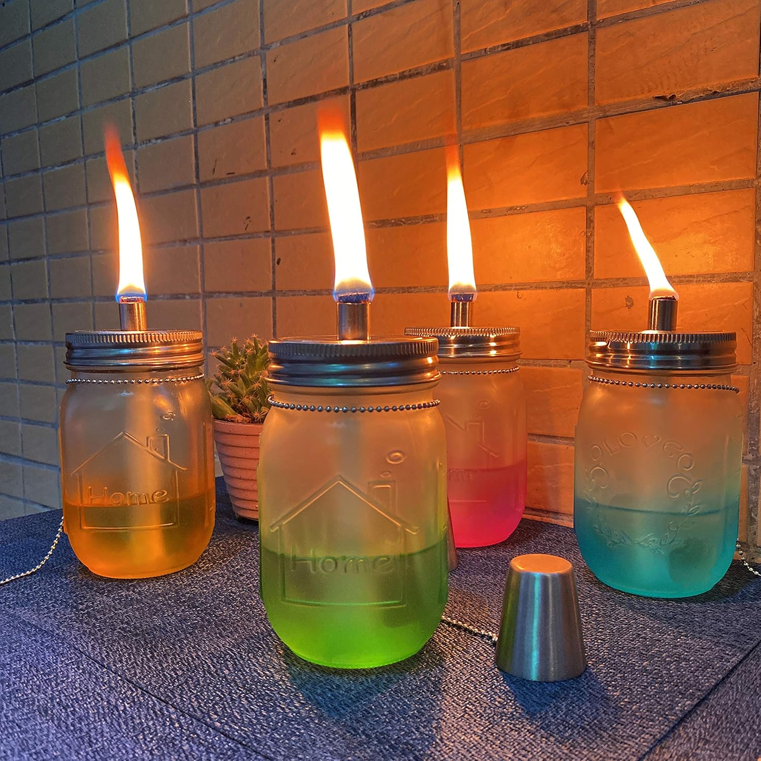 Mason Jar Tabletop Torch Kits,6 Pack Regular Mouth Lids with Protective Tube,Long Life Fiberglass Wicks and Caps,Outdoor Oil Lamp Lights for Home Patio Garden Halloween Christmas Projector Decor