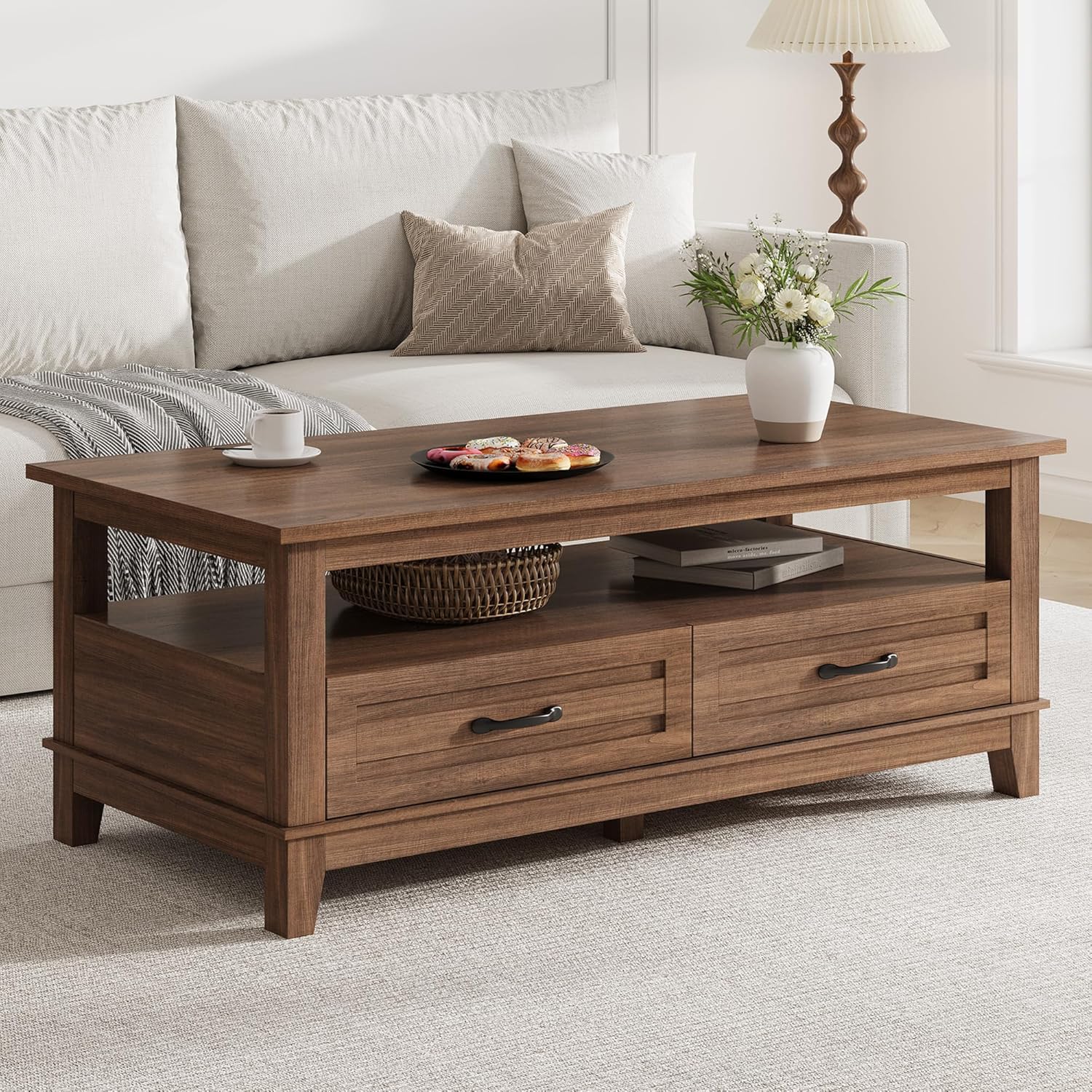 GarveeHome Farmhouse Coffee Table with Drawers, 47.2 in Center Table Rustic Coffee Tables Black Living Room Table, with Open Shelf and 6 Support Legs