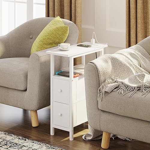 Miniatura 2 de Mesa auxiliar con estación de carga, mesa auxiliar estrecha con 2 cajones de tela, mesita de noche delgada con luz LED, mesita de noche delgada para