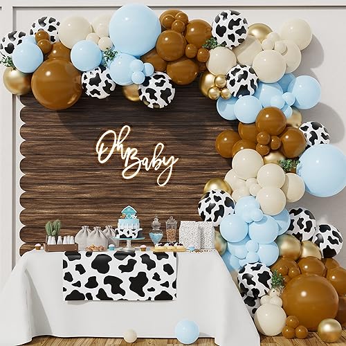 BALONAR Kit de guirnalda de arco de globos azules de vaca con 18105 pulgadas, estampado de vaca, color blanco arena y café, globos dorados de