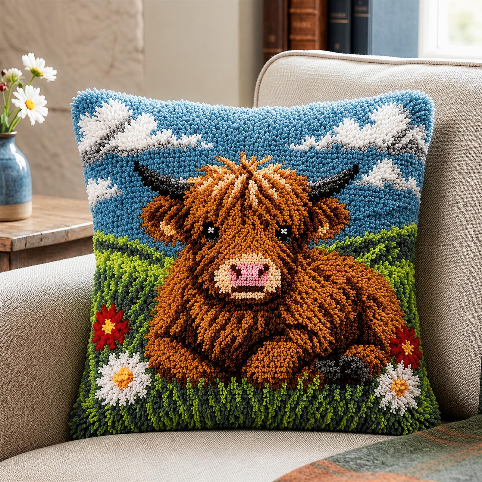 Xqzbmt Highland Cow Cushion Latch Hook Cushion Kits for Adults Beginners, Pre-Printed Canvas DIY Embroidery Cushion Cover, 17x17in Rug Making Kit Home Sofa Decor & Festive Gift — image 1