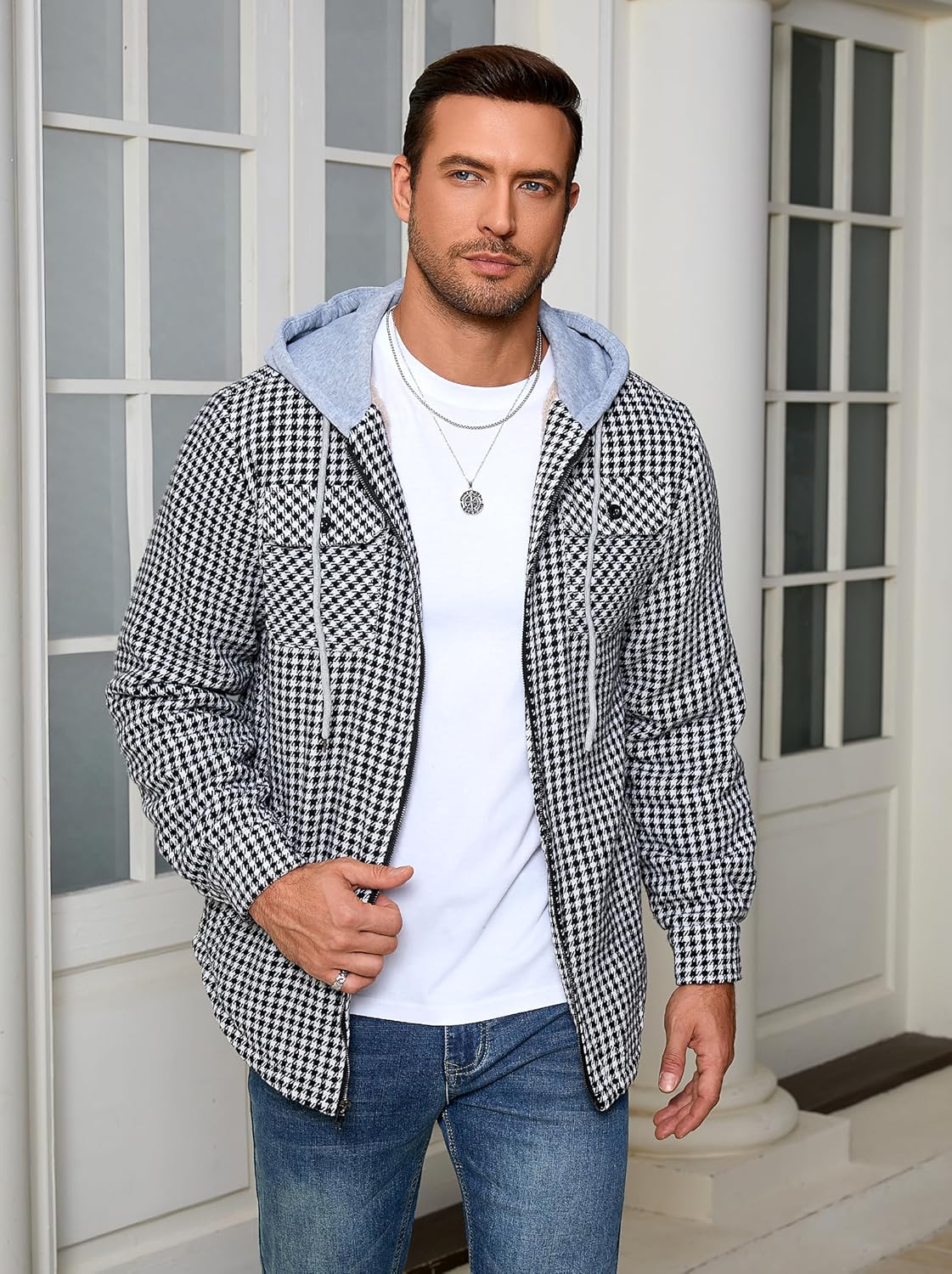 Men's Full Zip Sherpa Lined Flannel Jacket Fleece Hooded Plaid Jacket with Hood for Men - Image 3