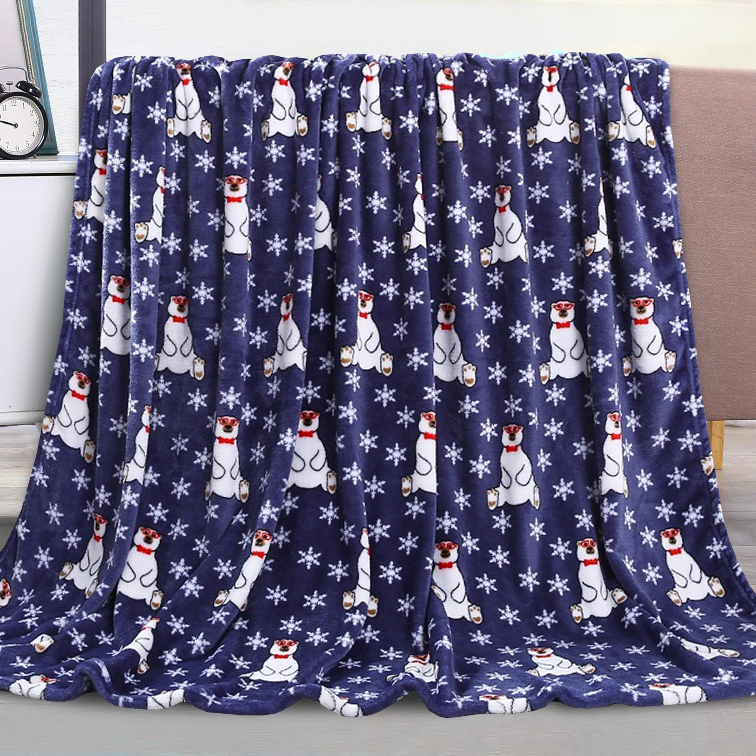 Elegant Comfort Lekki koc z nadrukiem – całoroczny, ultramiękki, przytulny i pluszowy – dekoracyjne koce, idealne do wypoczynku, 127 x 152 cm, granatowy niedźwiedź polarny, koc