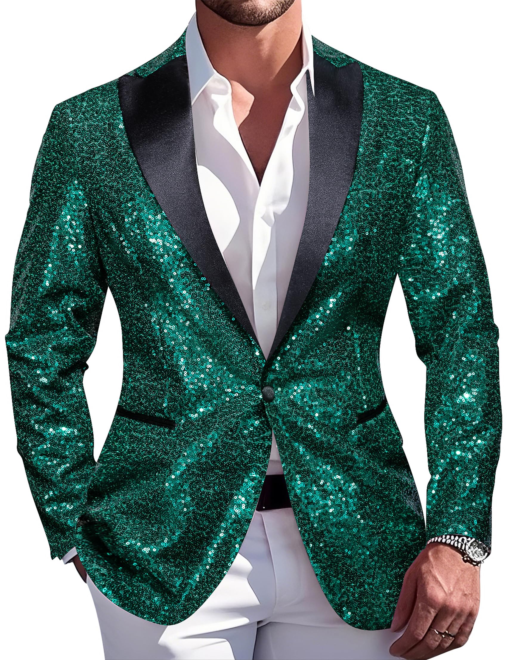 Barry.Wang 70s Disco Sequins Blazer Mens Sparkle Metallic Suit Jacket